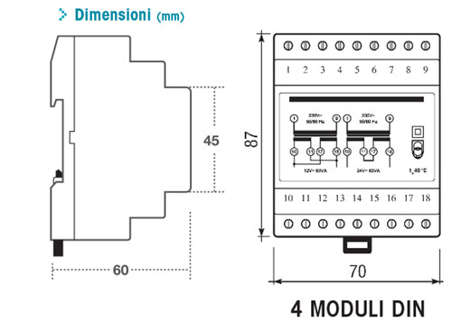 TRM C 63/24 Trasformatori modulari per campanelli, potenza 63 VA, 4 moduli  DIN, tensione primario 230V, tensione secondario 12/24 VAC - ORBIS  OB86C6324 - Orbis Italia