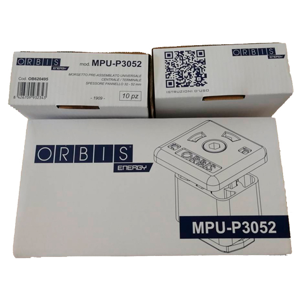 MPU-P3052 Morsetto UNIVERSALE PREASSEMBLATO fissaggio moduli, uso da  CENTRALE o TERMINALE, colore ALLUMINIO, spessori moduli ammessi 30mm-50mm -  ORBIS OB620495 - Orbis Italia